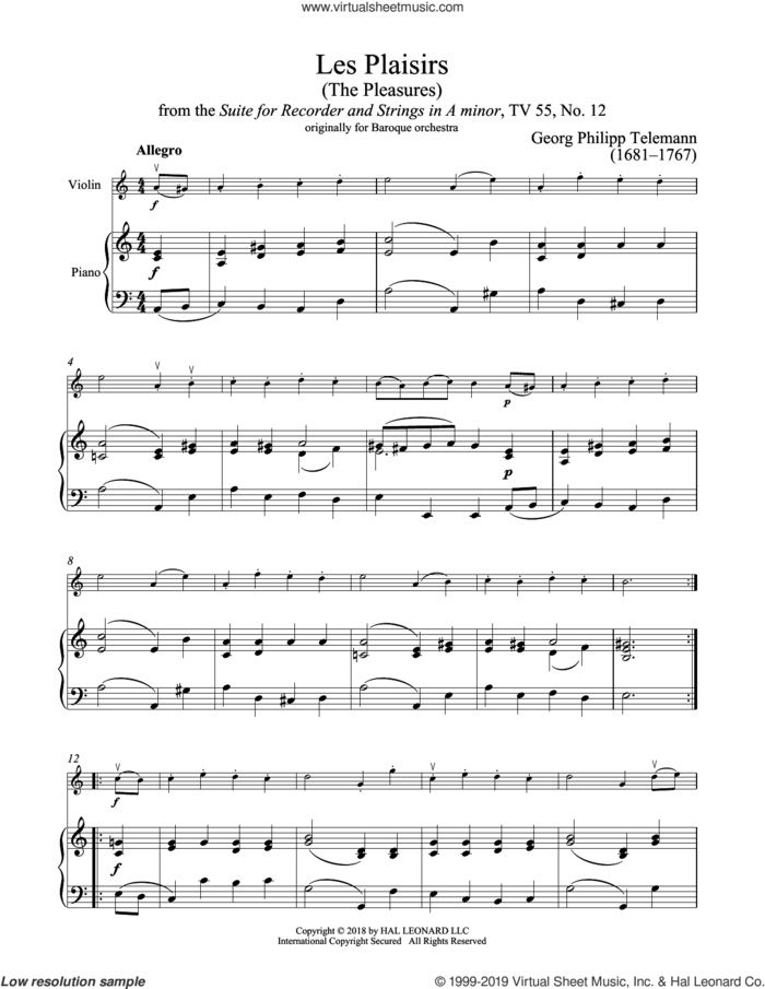 Les Plaisirs sheet music for violin and piano by Georg Philipp Telemann, classical score, intermediate skill level