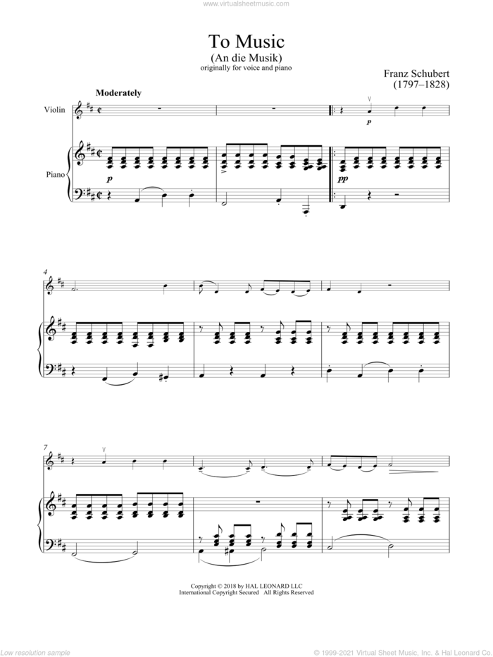 An Die Musik sheet music for violin and piano by Franz Schubert, classical score, intermediate skill level