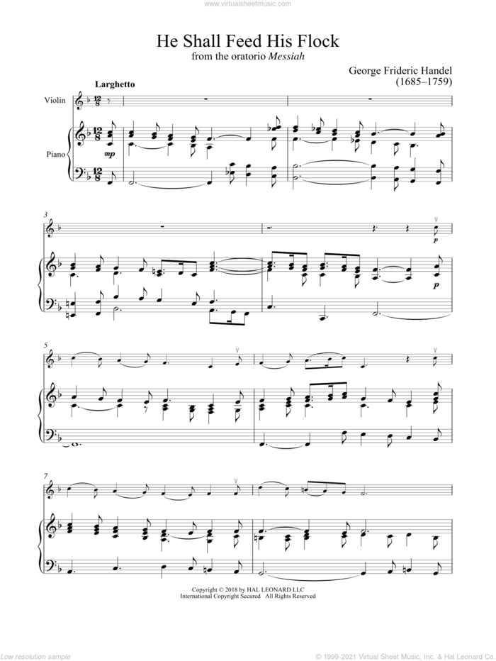 He Shall Feed His Flock sheet music for violin and piano by George Frideric Handel, classical score, intermediate skill level