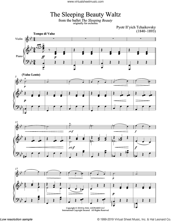 The Sleeping Beauty Waltz sheet music for violin and piano by Pyotr Ilyich Tchaikovsky, classical score, intermediate skill level