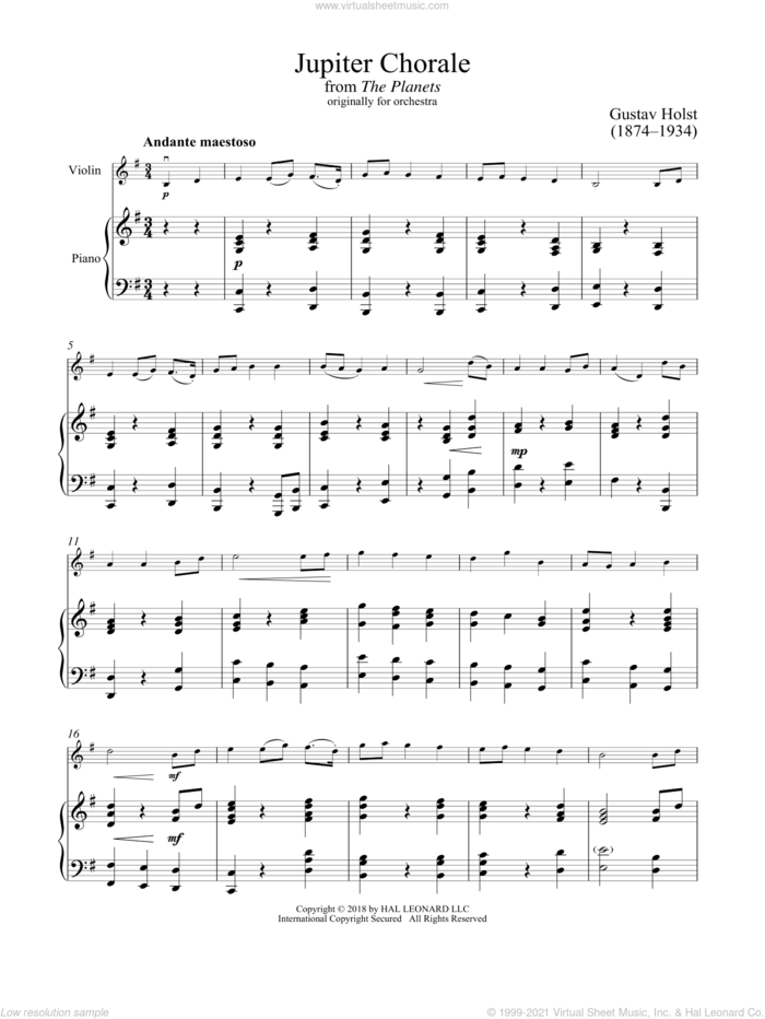 Jupiter sheet music for violin and piano by Gustav Holst, classical score, intermediate skill level