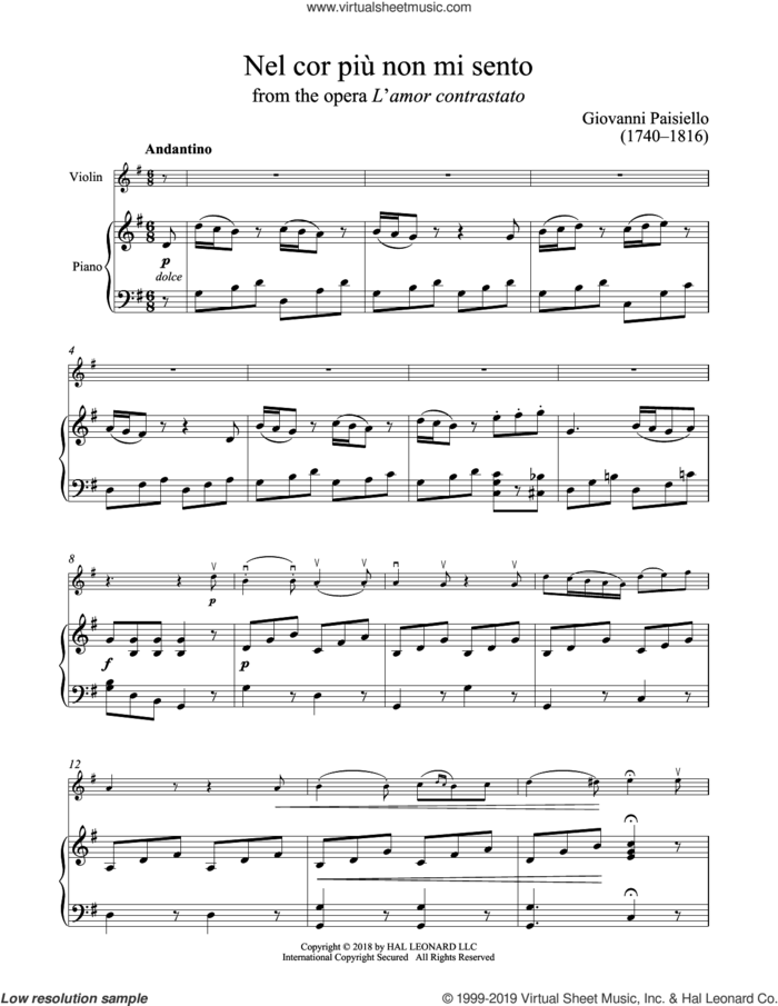 Nel Cor Piu Non Mi Sento sheet music for violin and piano by Giuseppe Palomba and Giovanni Paisiello, classical score, intermediate skill level
