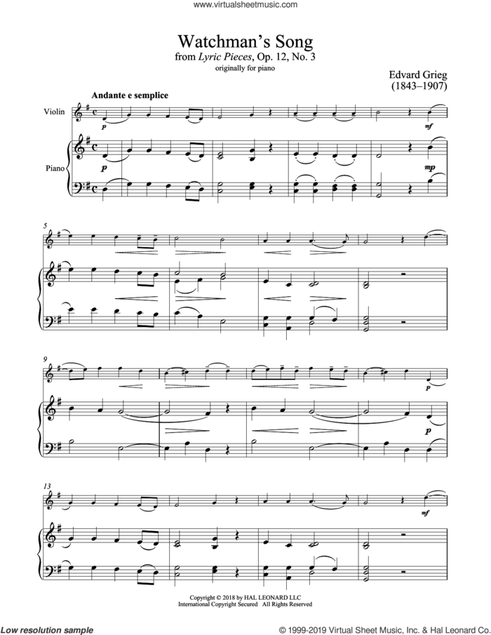 Watchman's Song, Op. 12, No. 3 sheet music for violin and piano by Edvard Grieg, classical score, intermediate skill level