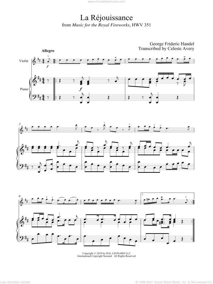 La Rejouissance sheet music for violin and piano by George Frideric Handel, classical wedding score, intermediate skill level