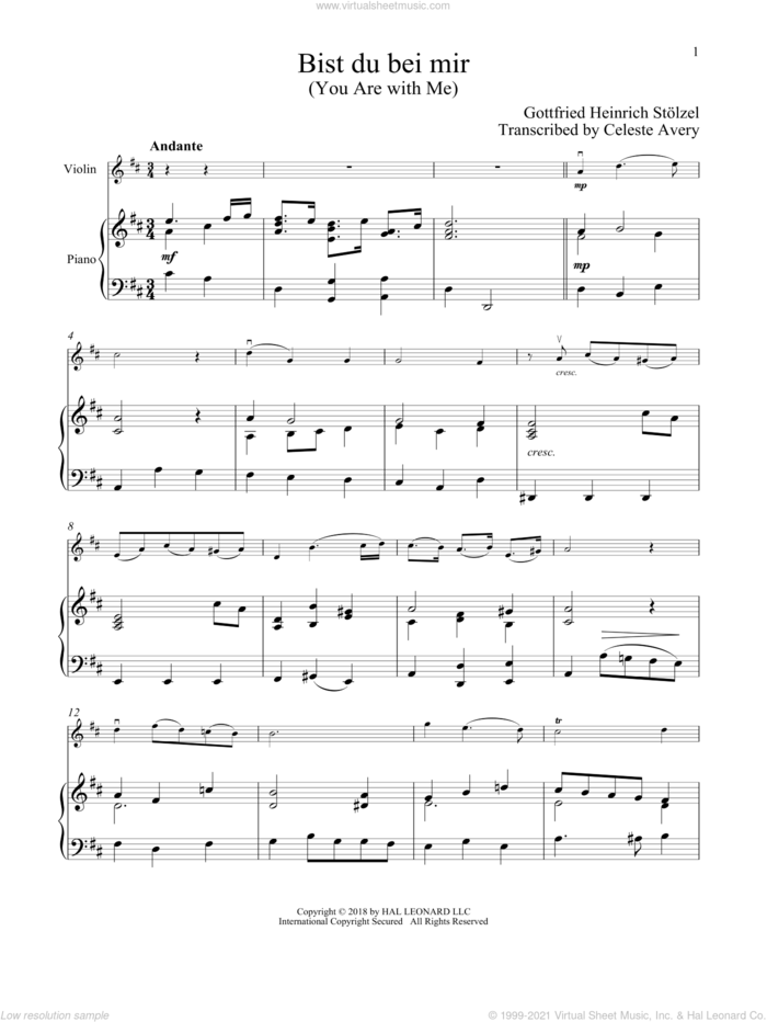 Bist du bei mir (You Are With Me) sheet music for violin and piano by Johann Sebastian Bach, classical wedding score, intermediate skill level