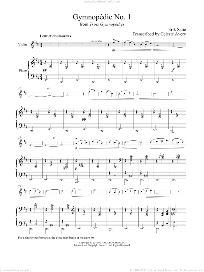 Gymnopedie No. 1 sheet music for violin and piano by Erik Satie, classical wedding score, intermediate skill level