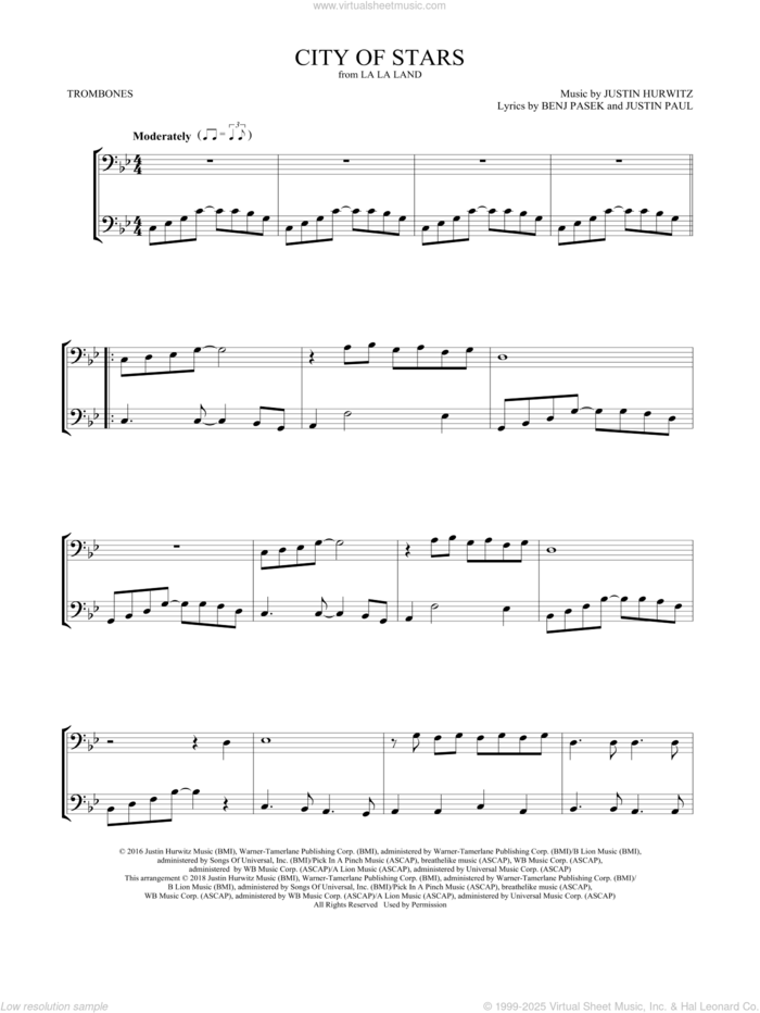 City of Stars (from La La Land) sheet music for two trombones (duet, duets) by Ryan Gosling & Emma Stone, Mark Phillips, Benj Pasek, Justin Hurwitz and Justin Paul, intermediate skill level