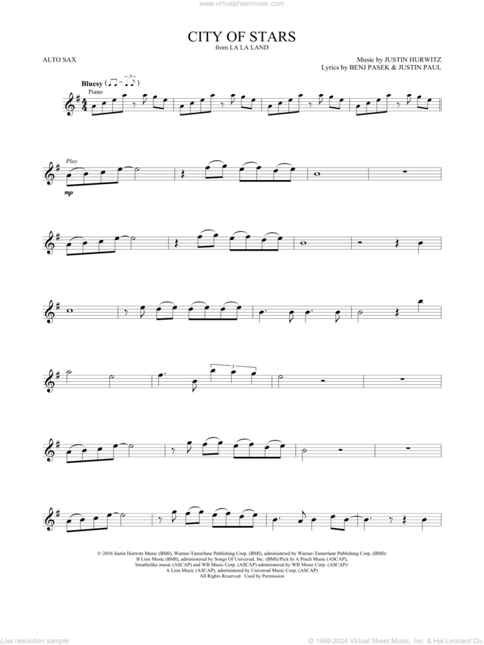 City of Stars (from La La Land) sheet music for alto saxophone solo by Ryan Gosling & Emma Stone, Benj Pasek, Justin Hurwitz and Justin Paul, intermediate skill level