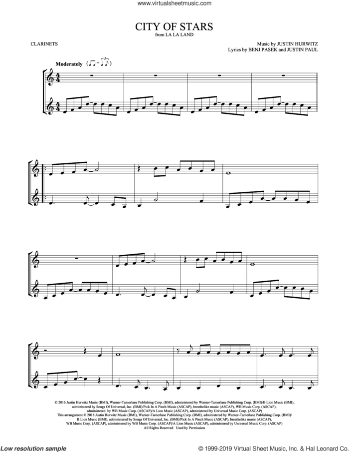 City of Stars (from La La Land) sheet music for two clarinets (duets) by Ryan Gosling & Emma Stone, Mark Phillips, Benj Pasek, Justin Hurwitz and Justin Paul, intermediate skill level