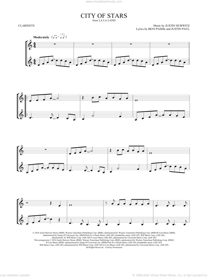 City of Stars (from La La Land) sheet music for two clarinets (duets) by Ryan Gosling & Emma Stone, Mark Phillips, Benj Pasek, Justin Hurwitz and Justin Paul, intermediate skill level