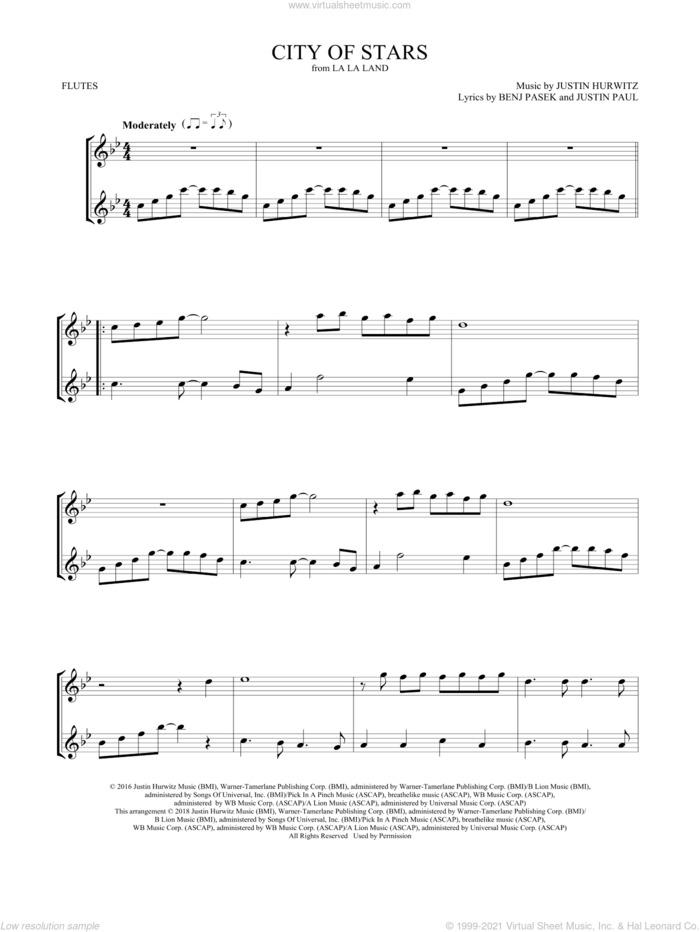 City of Stars (from La La Land) sheet music for two flutes (duets) by Ryan Gosling & Emma Stone, Mark Phillips, Benj Pasek, Justin Hurwitz and Justin Paul, intermediate skill level