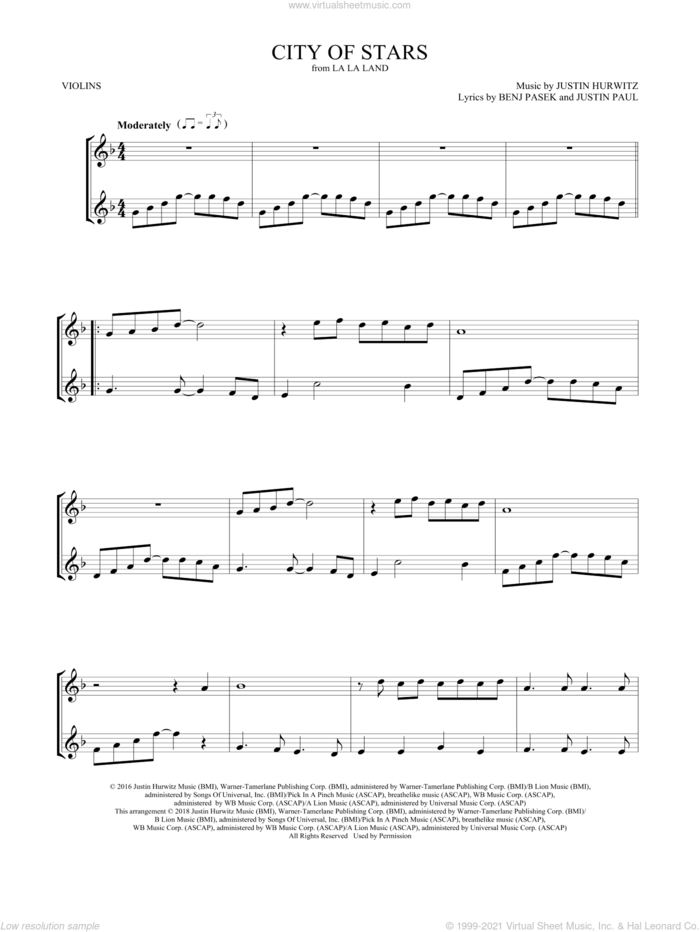 City of Stars (from La La Land) sheet music for two violins (duets, violin duets) by Ryan Gosling & Emma Stone, Mark Phillips, Benj Pasek, Justin Hurwitz and Justin Paul, intermediate skill level