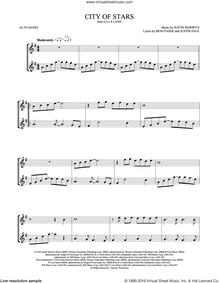 City of Stars (from La La Land) sheet music for two alto saxophones (duets) by Ryan Gosling & Emma Stone, Mark Phillips, Benj Pasek, Justin Hurwitz and Justin Paul, intermediate skill level