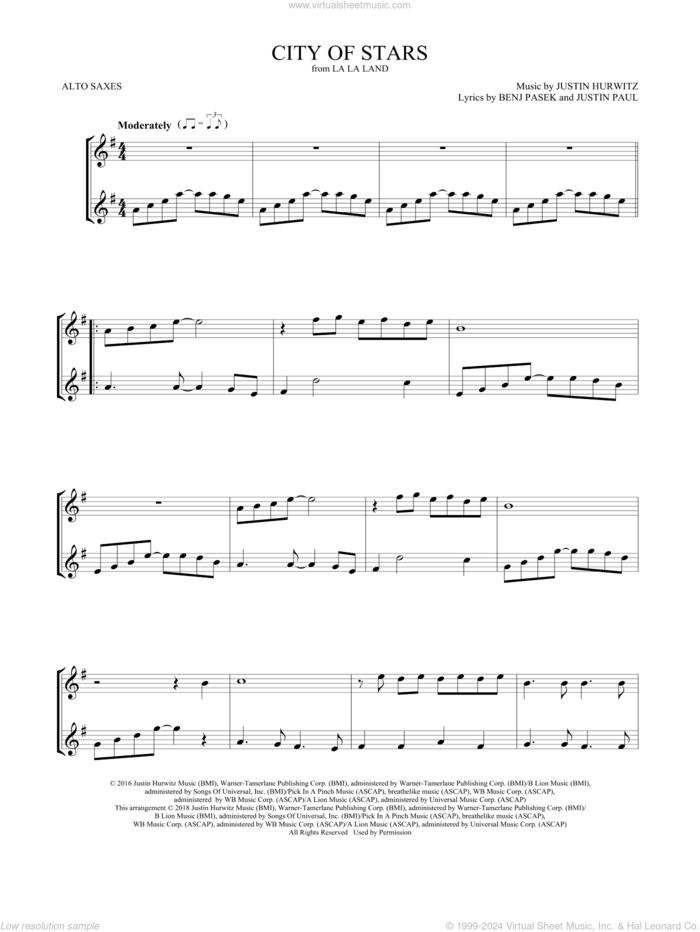 City of Stars (from La La Land) sheet music for two alto saxophones (duets) by Ryan Gosling & Emma Stone, Mark Phillips, Benj Pasek, Justin Hurwitz and Justin Paul, intermediate skill level