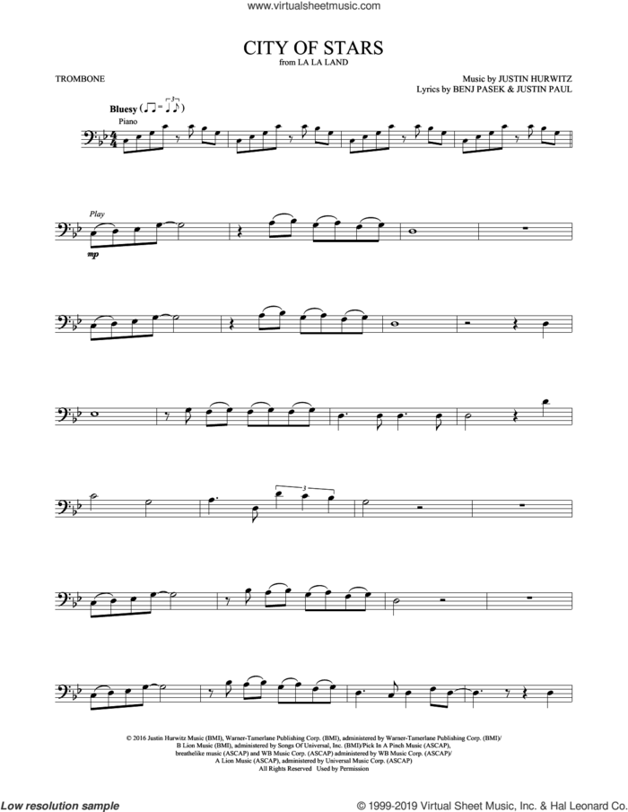 City of Stars (from La La Land) sheet music for trombone solo by Ryan Gosling & Emma Stone, Benj Pasek, Justin Hurwitz and Justin Paul, intermediate skill level
