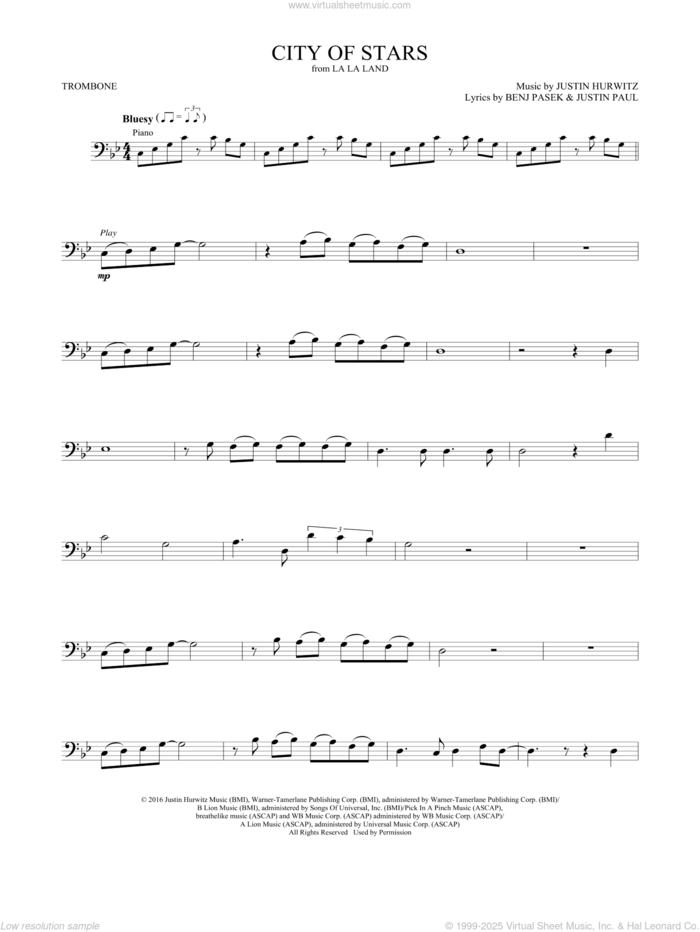 City of Stars (from La La Land) sheet music for trombone solo by Ryan Gosling & Emma Stone, Benj Pasek, Justin Hurwitz and Justin Paul, intermediate skill level