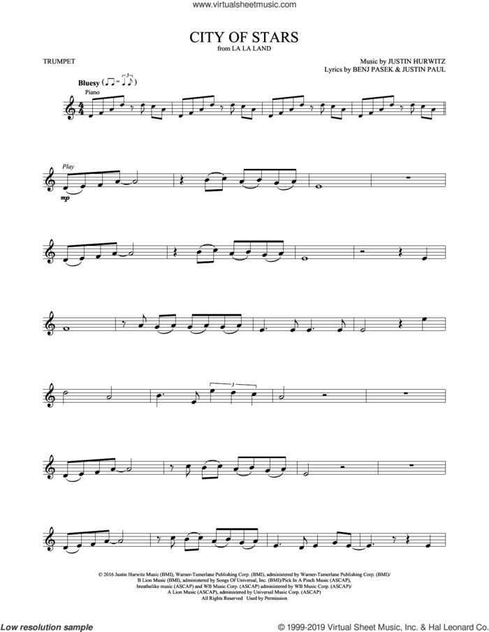 City of Stars (from La La Land) sheet music for trumpet solo by Ryan Gosling & Emma Stone, Benj Pasek, Justin Hurwitz and Justin Paul, intermediate skill level