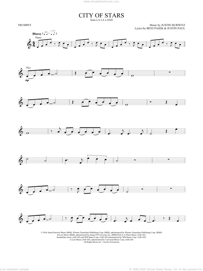 City of Stars (from La La Land) sheet music for trumpet solo by Ryan Gosling & Emma Stone, Benj Pasek, Justin Hurwitz and Justin Paul, intermediate skill level