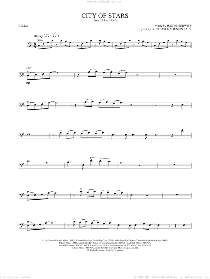 City of Stars (from La La Land) sheet music for cello solo by Ryan Gosling & Emma Stone, Benj Pasek, Justin Hurwitz and Justin Paul, intermediate skill level