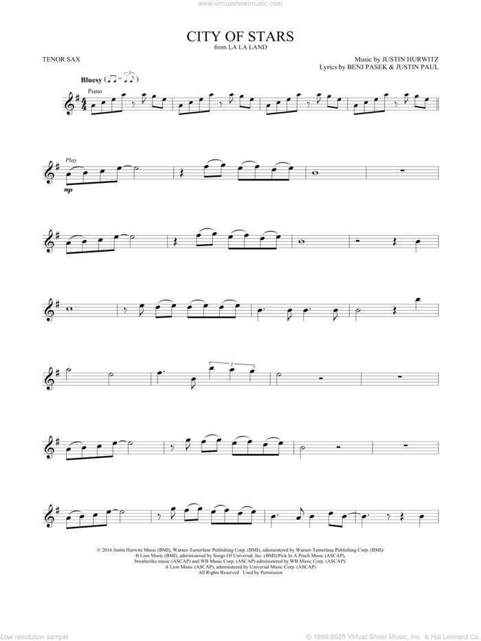 City of Stars (from La La Land) sheet music for tenor saxophone solo by Ryan Gosling & Emma Stone, Benj Pasek, Justin Hurwitz and Justin Paul, intermediate skill level