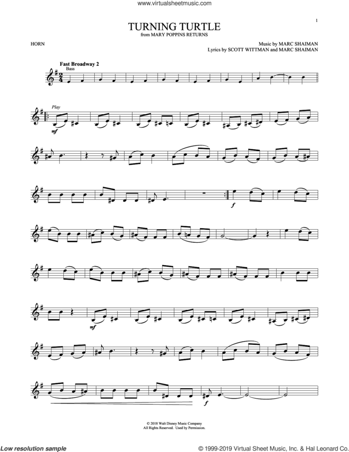 Turning Turtle (from Mary Poppins Returns) sheet music for horn solo by Meryl Streep & Company, Marc Shaiman and Scott Wittman, intermediate skill level