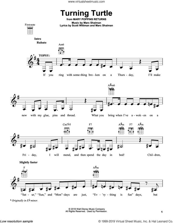 Turning Turtle (from Mary Poppins Returns) sheet music for ukulele by Meryl Streep & Company, Marc Shaiman and Scott Wittman, intermediate skill level