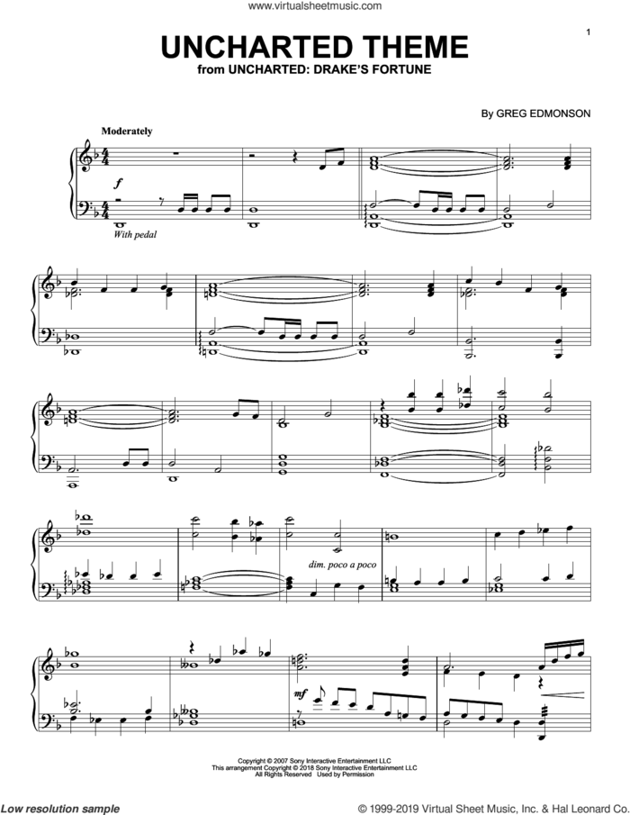 Uncharted Theme sheet music for piano solo by Greg Edmonson, intermediate skill level