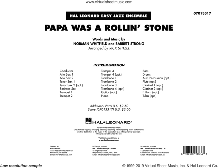 Papa Was a Rollin' Stone (arr. Rick Stitzel) sheet music for jazz band (full score) by The Temptations, Rick Stitzel, Barrett Strong and Norman Whitfield, intermediate skill level