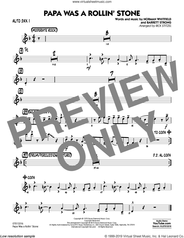 Papa Was a Rollin' Stone (arr. Rick Stitzel) sheet music for jazz band (alto sax 1) by The Temptations, Rick Stitzel, Barrett Strong and Norman Whitfield, intermediate skill level