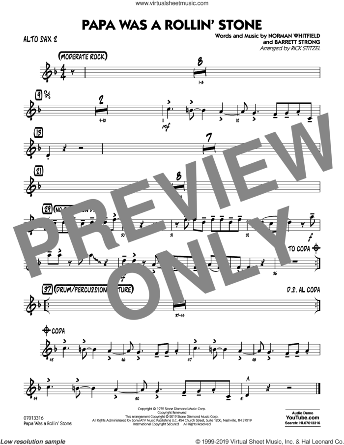 Papa Was a Rollin' Stone (arr. Rick Stitzel) sheet music for jazz band (alto sax 2) by The Temptations, Rick Stitzel, Barrett Strong and Norman Whitfield, intermediate skill level
