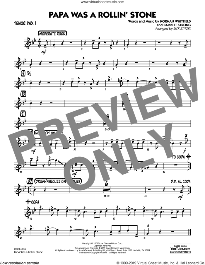 Papa Was a Rollin' Stone (arr. Rick Stitzel) sheet music for jazz band (tenor sax 1) by The Temptations, Rick Stitzel, Barrett Strong and Norman Whitfield, intermediate skill level