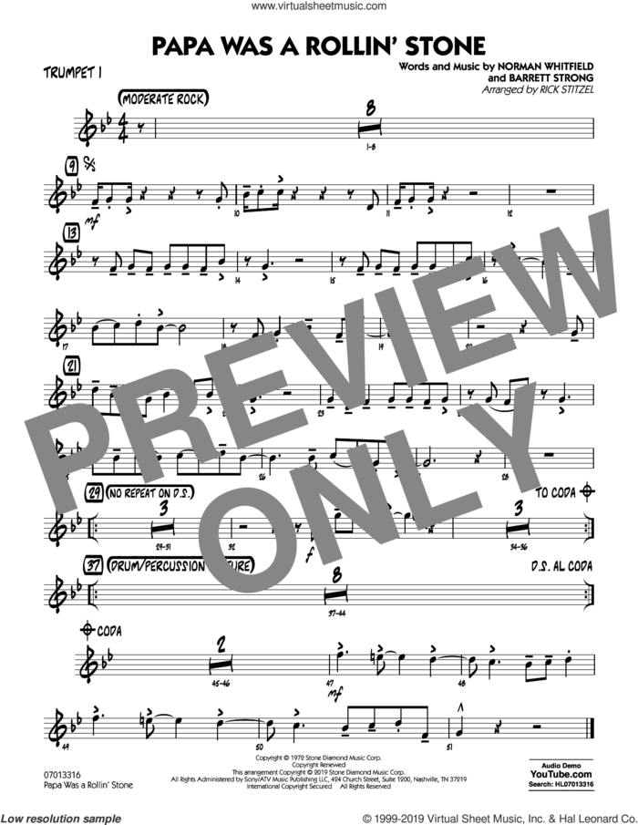 Papa Was a Rollin' Stone (arr. Rick Stitzel) sheet music for jazz band (trumpet 1) by The Temptations, Rick Stitzel, Barrett Strong and Norman Whitfield, intermediate skill level