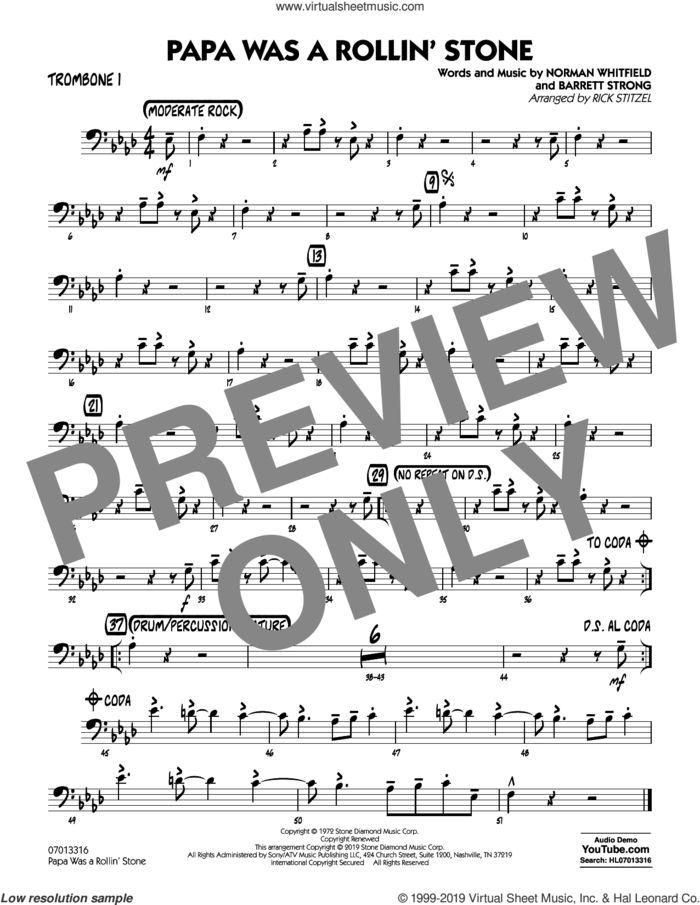 Papa Was a Rollin' Stone (arr. Rick Stitzel) sheet music for jazz band (trombone 1) by The Temptations, Rick Stitzel, Barrett Strong and Norman Whitfield, intermediate skill level