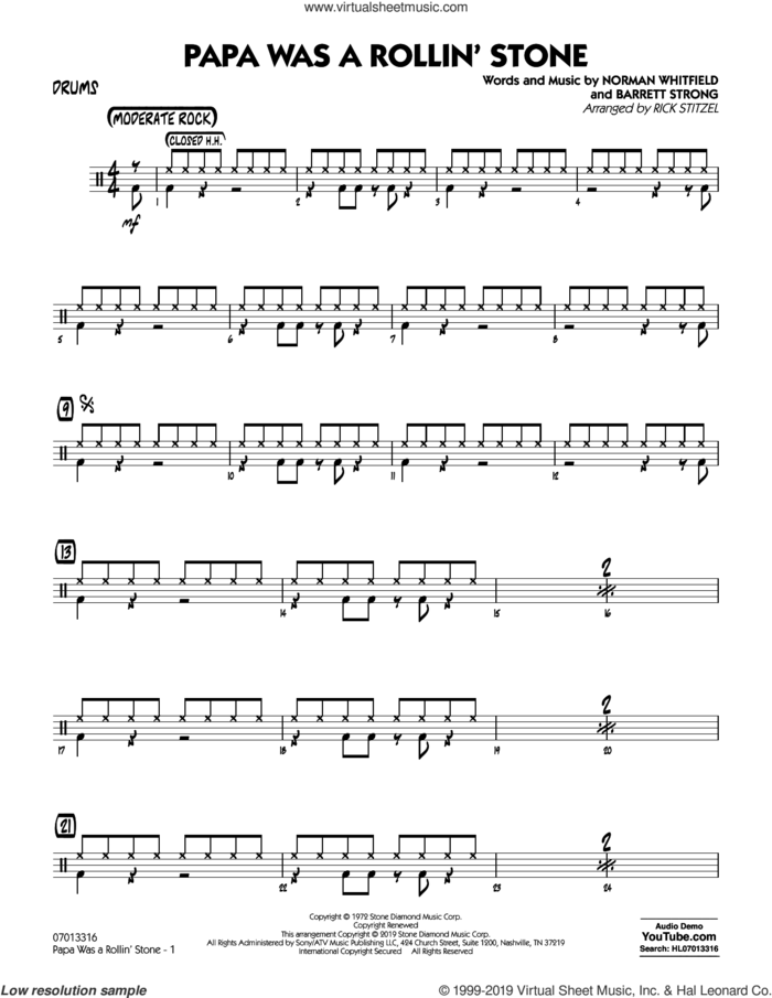 Papa Was a Rollin' Stone (arr. Rick Stitzel) sheet music for jazz band (drums) by The Temptations, Rick Stitzel, Barrett Strong and Norman Whitfield, intermediate skill level