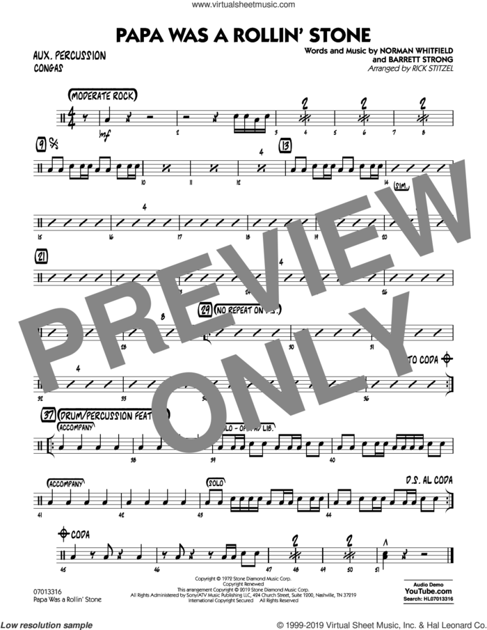 Papa Was a Rollin' Stone (arr. Rick Stitzel) sheet music for jazz band (aux percussion) by The Temptations, Rick Stitzel, Barrett Strong and Norman Whitfield, intermediate skill level