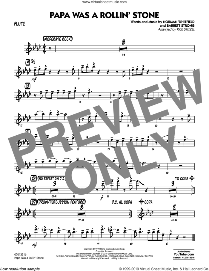 Papa Was a Rollin' Stone (arr. Rick Stitzel) sheet music for jazz band (flute) by The Temptations, Rick Stitzel, Barrett Strong and Norman Whitfield, intermediate skill level