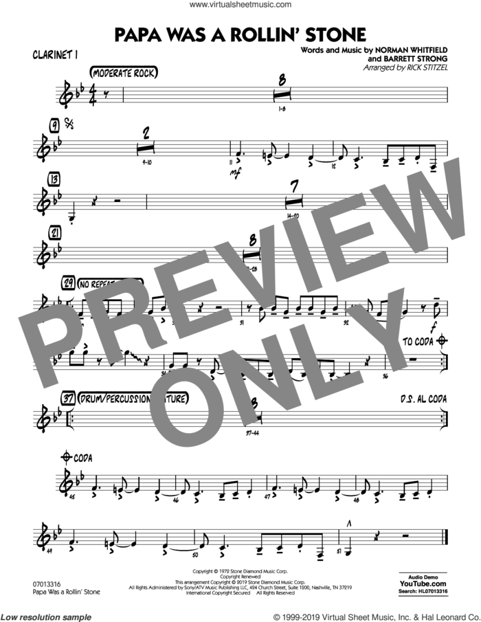 Papa Was a Rollin' Stone (arr. Rick Stitzel) sheet music for jazz band (clarinet 1) by The Temptations, Rick Stitzel, Barrett Strong and Norman Whitfield, intermediate skill level