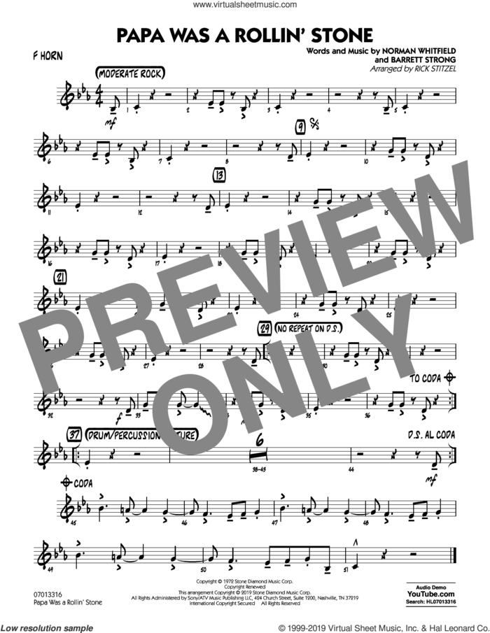 Papa Was a Rollin' Stone (arr. Rick Stitzel) sheet music for jazz band (f horn) by The Temptations, Rick Stitzel, Barrett Strong and Norman Whitfield, intermediate skill level