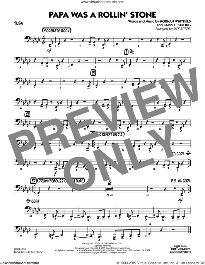 Papa Was a Rollin' Stone (arr. Rick Stitzel) sheet music for jazz band (tuba) by The Temptations, Rick Stitzel, Barrett Strong and Norman Whitfield, intermediate skill level