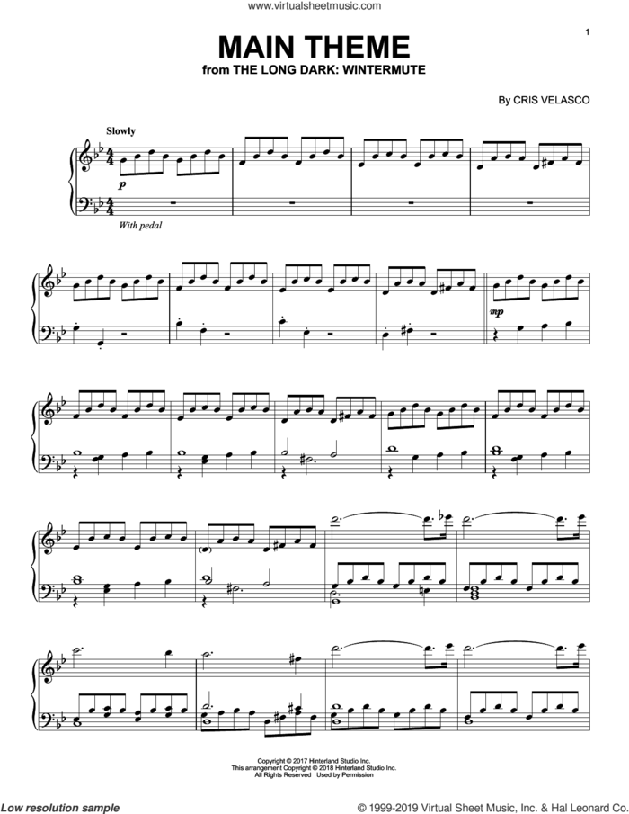 Main Theme (from The Long Dark: Wintermute) sheet music for piano solo by Cris Velasco, intermediate skill level