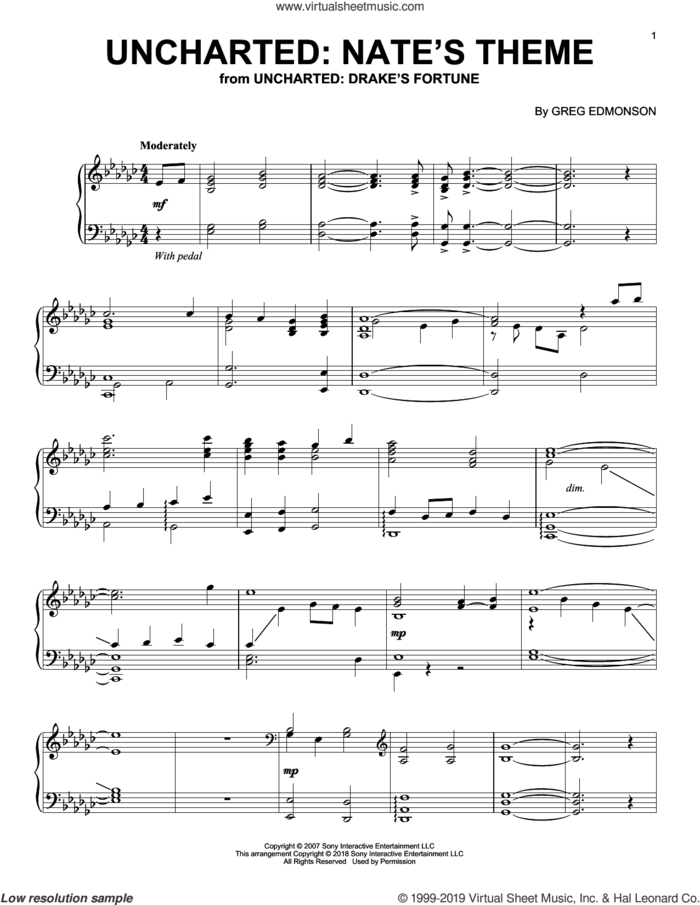 Uncharted: Nate's Theme (from Uncharted: Drake's Fortune) sheet music for piano solo by Greg Edmonson, intermediate skill level