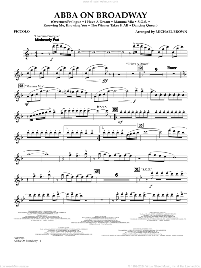 ABBA on Broadway (arr. Michael Brown) sheet music for concert band (piccolo) by ABBA and Michael Brown, intermediate skill level