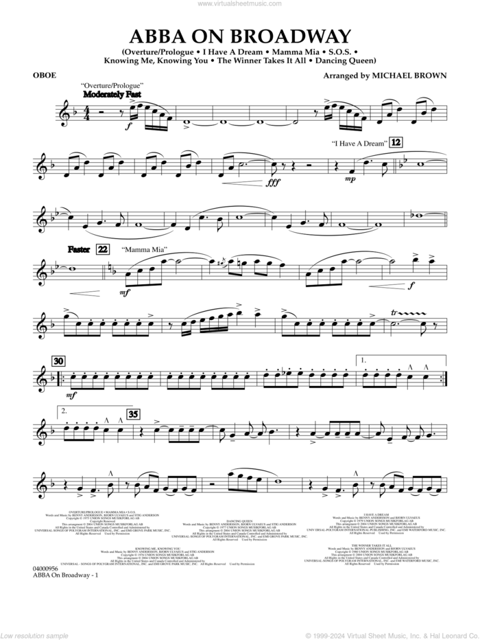 ABBA on Broadway (arr. Michael Brown) sheet music for concert band (oboe) by ABBA and Michael Brown, intermediate skill level