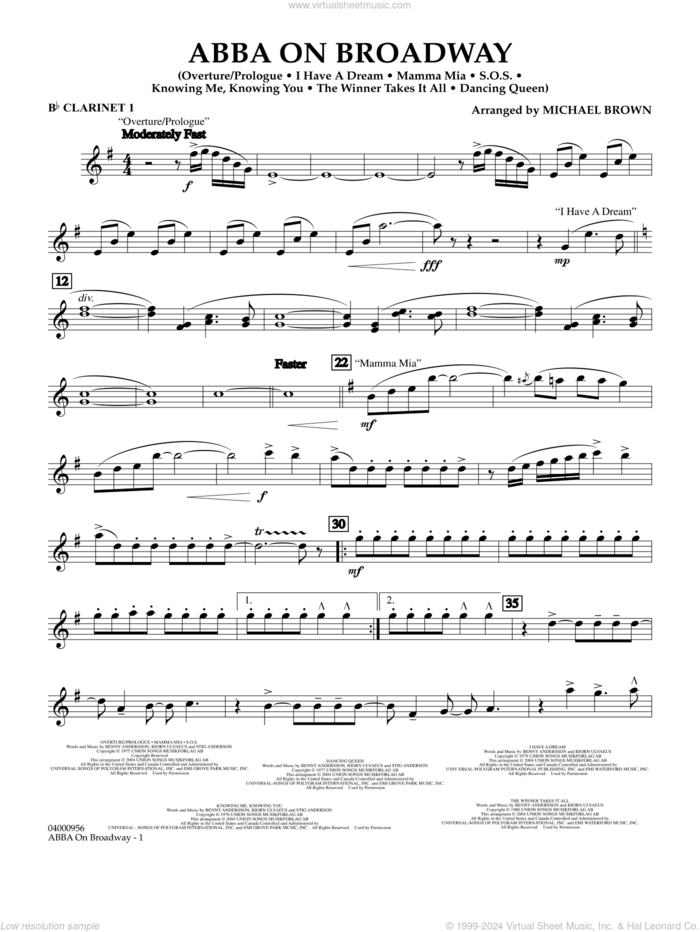 ABBA on Broadway (arr. Michael Brown) sheet music for concert band (Bb clarinet 1) by ABBA and Michael Brown, intermediate skill level