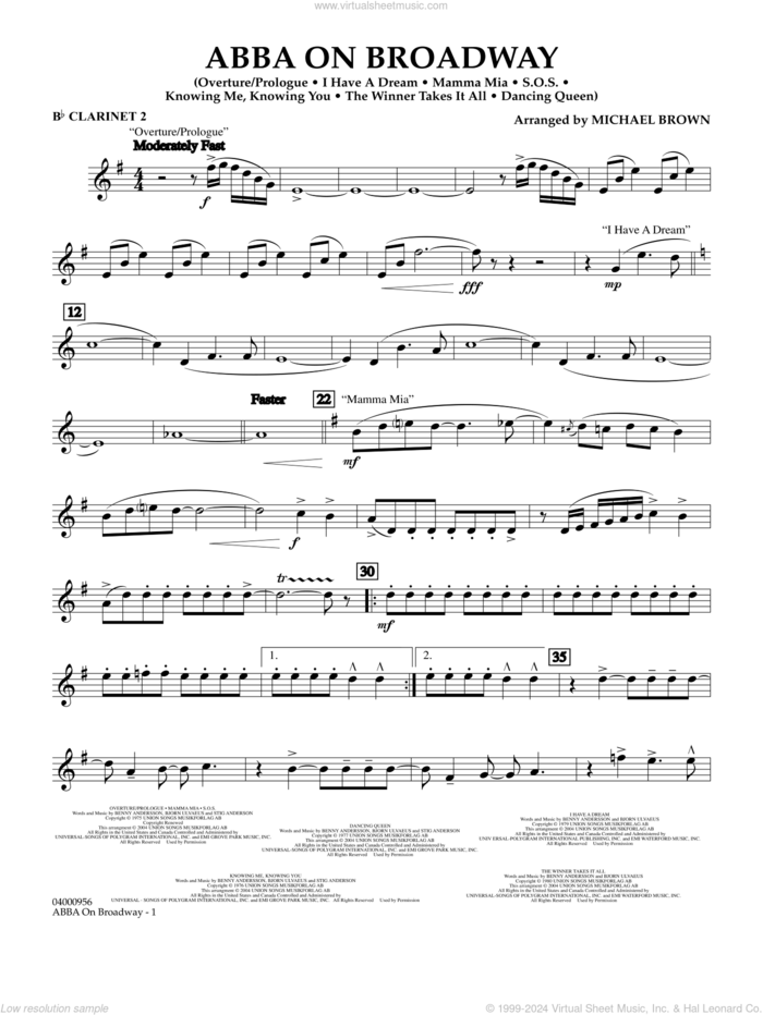 ABBA on Broadway (arr. Michael Brown) sheet music for concert band (Bb clarinet 2) by ABBA and Michael Brown, intermediate skill level
