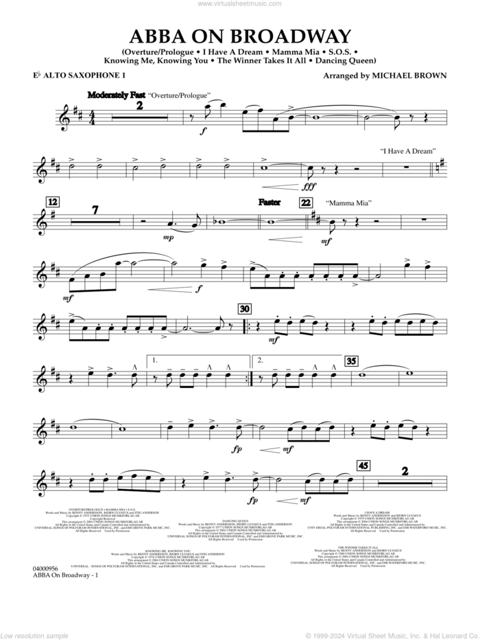 ABBA on Broadway (arr. Michael Brown) sheet music for concert band (Eb alto saxophone 1) by ABBA and Michael Brown, intermediate skill level
