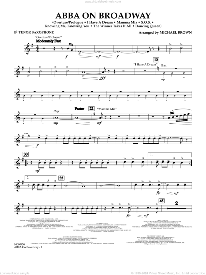 ABBA on Broadway (arr. Michael Brown) sheet music for concert band (Bb tenor saxophone) by ABBA and Michael Brown, intermediate skill level