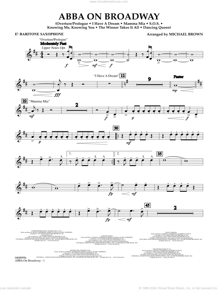 ABBA on Broadway (arr. Michael Brown) sheet music for concert band (Eb baritone saxophone) by ABBA and Michael Brown, intermediate skill level