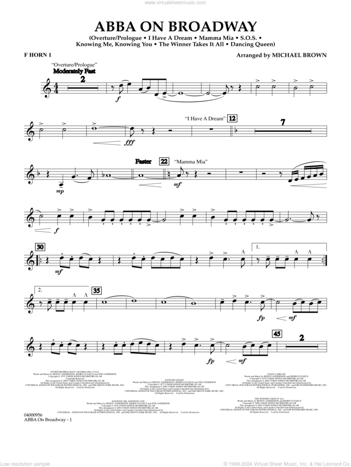 ABBA on Broadway (arr. Michael Brown) sheet music for concert band (f horn 1) by ABBA and Michael Brown, intermediate skill level