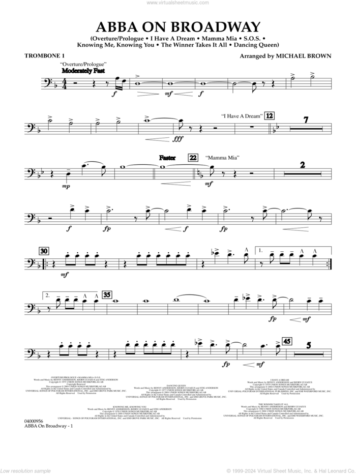 ABBA on Broadway (arr. Michael Brown) sheet music for concert band (trombone 1) by ABBA and Michael Brown, intermediate skill level